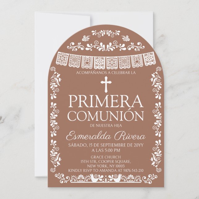 Invitación Terracotta Papel Picado Primera Comunión Arch (Anverso)
