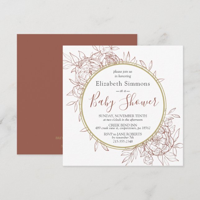 Invitación Terracotta Peony Toile Floral Moderno Baby Shower (Anverso / Reverso)