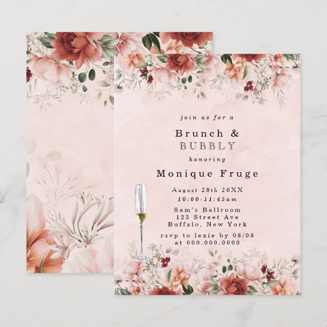 Invitación Terracotta Primavera Caída Brunch Floral & Bubbly (Anverso / Reverso)