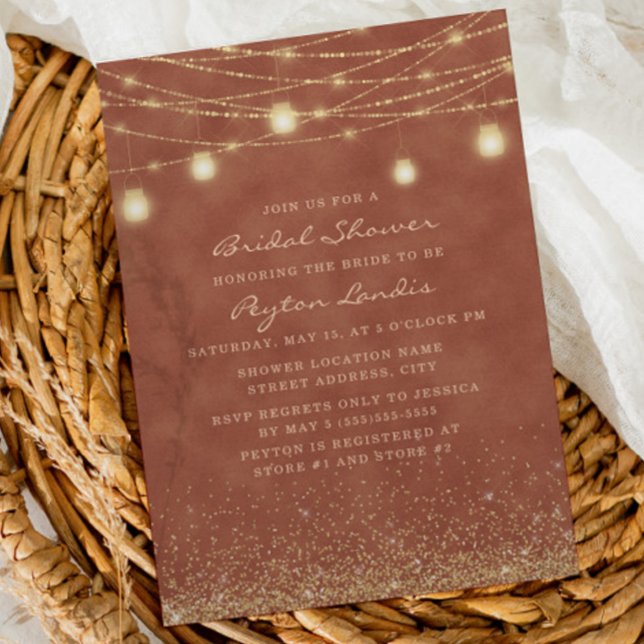Invitación Terracotta Purpurina Dorado String Light Bridal Sh (Subido por el creador)