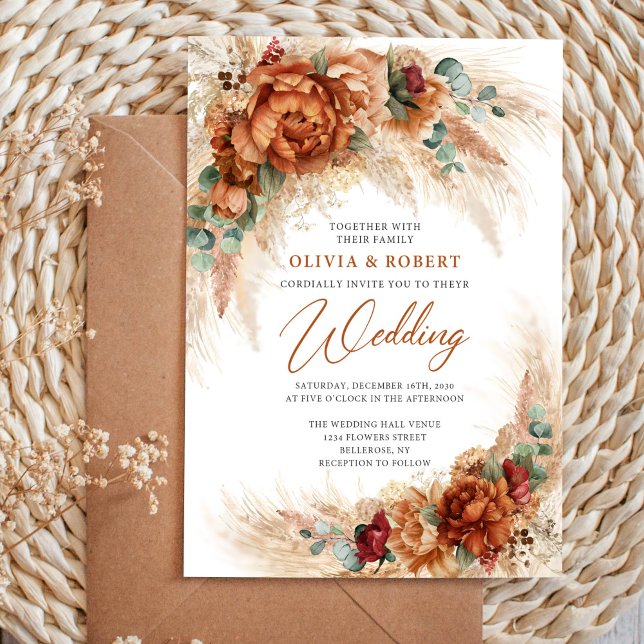 Invitación Terracotta quemada naranja burgundy floral eucalip (Subido por el creador)