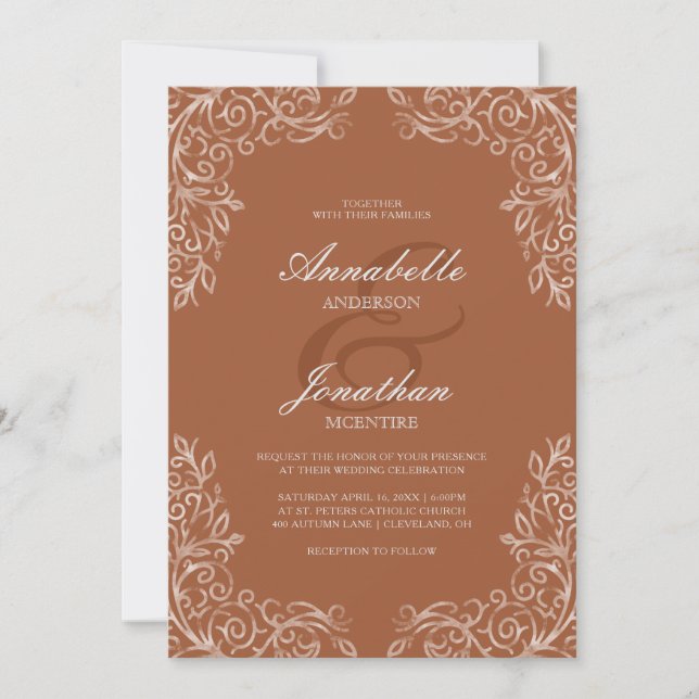 Invitación Terracotta quemada naranja elegante boda de encaje (Anverso)