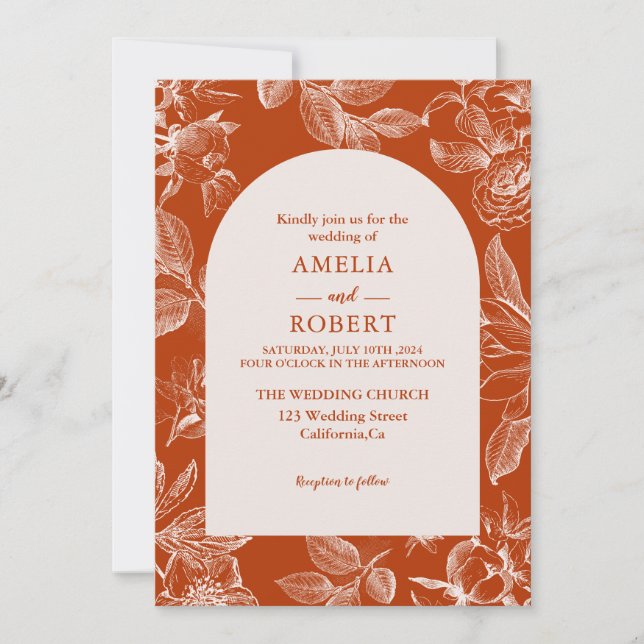 Invitación Terracotta quemada naranja marfil floral Fall Wedd (Anverso)