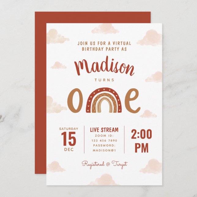 Invitación Terracotta Rainbow Boho virtual primer cumpleaños (Anverso / Reverso)