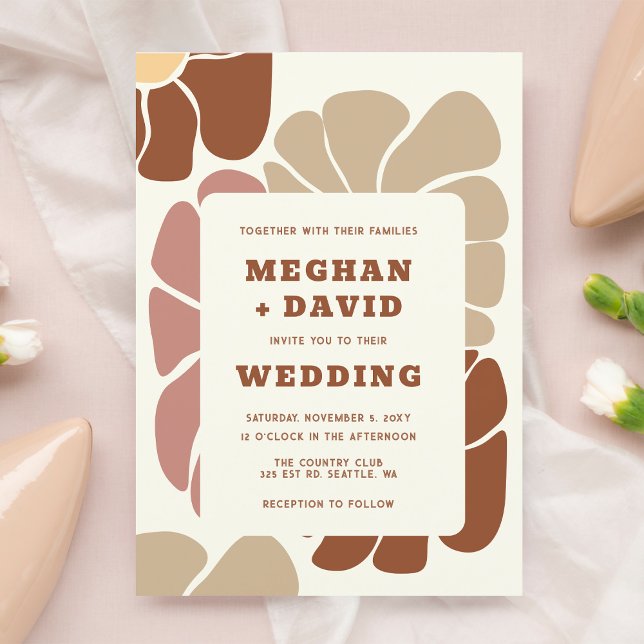 Invitación Terracotta Retro Groovy Boho Moda Boda Floral (Terracotta Retro Groovy Boho Chic Floral Wedding Invitation)