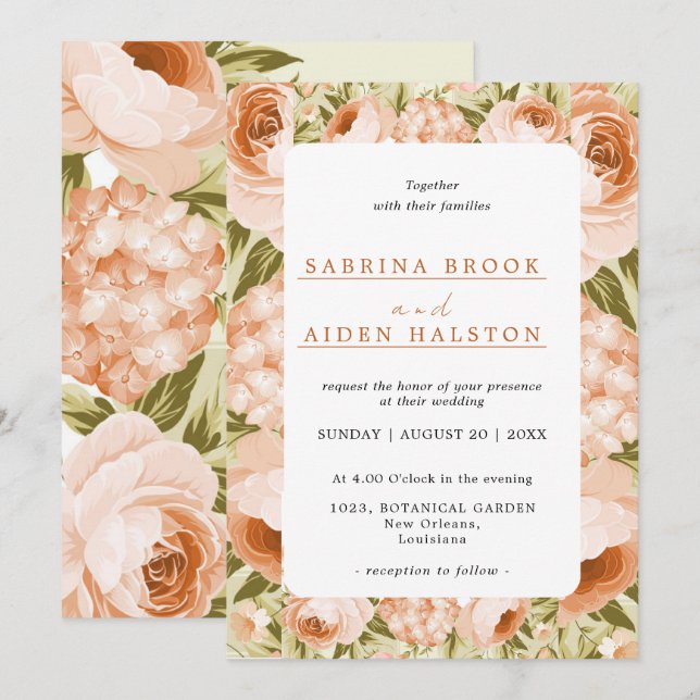 Invitación Terracotta Rosa floreciente Hidrangea Boda floral (Anverso / Reverso)