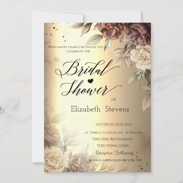 Invitación Terracotta Rosas Dorado Script Bautizo de Novia (Anverso)