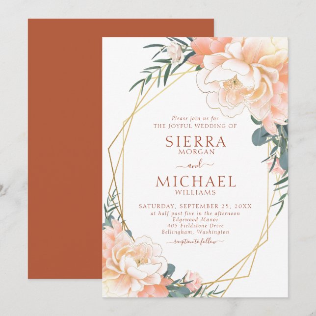 Invitación Terracotta Rubor Gold Peach Cream Floral Boda (Anverso / Reverso)
