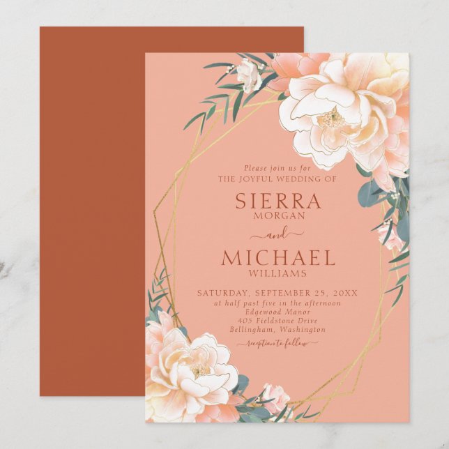 Invitación Terracotta Rubor Peach Cream Gold Boda Floral (Anverso / Reverso)