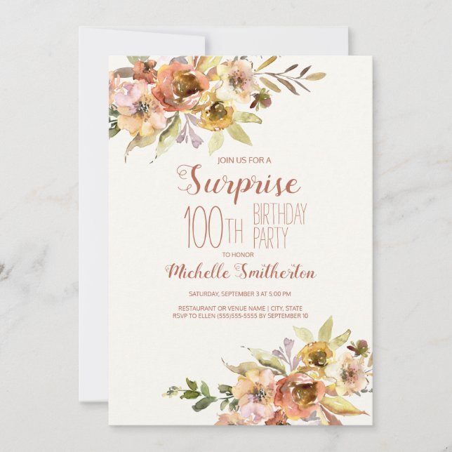 Invitación Terracotta Rust Acuarela Floral 100 Cumpleaños  (Anverso)