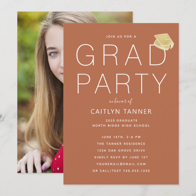 Invitación Terracotta Rust Modern Photo Graduation Party (Anverso / Reverso)