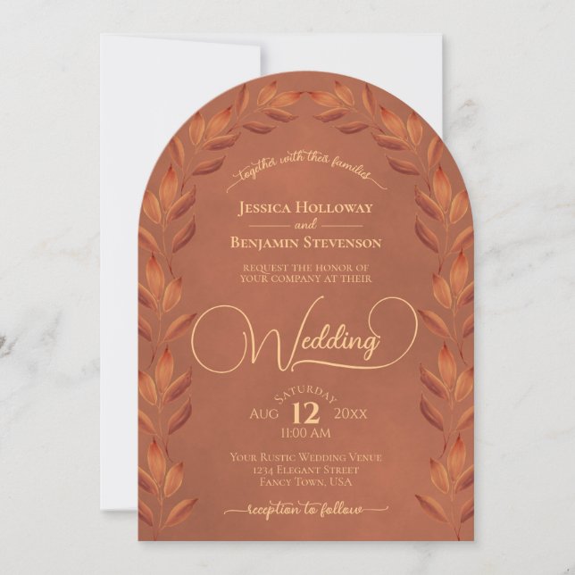 Invitación Terracotta Rust Naranja deja elegante Boda de Arco (Anverso)