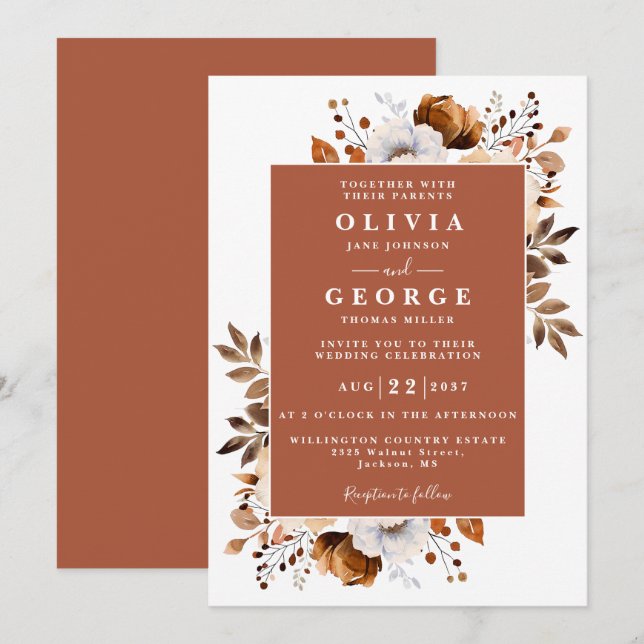Invitación Terracotta Rustic Floral Botánica Moderno Boda (Anverso / Reverso)