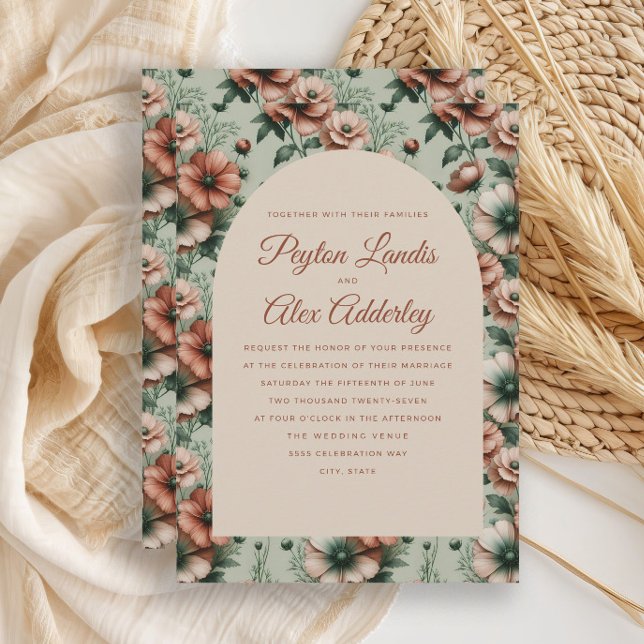 Invitación Terracotta Sage Green Floral Arch Boda (Terracotta and sage green floral arch wedding invitation)