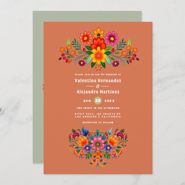 Invitación Terracotta & Sage Mexican Folk Art Fiesta Wedding (Anverso / Reverso)