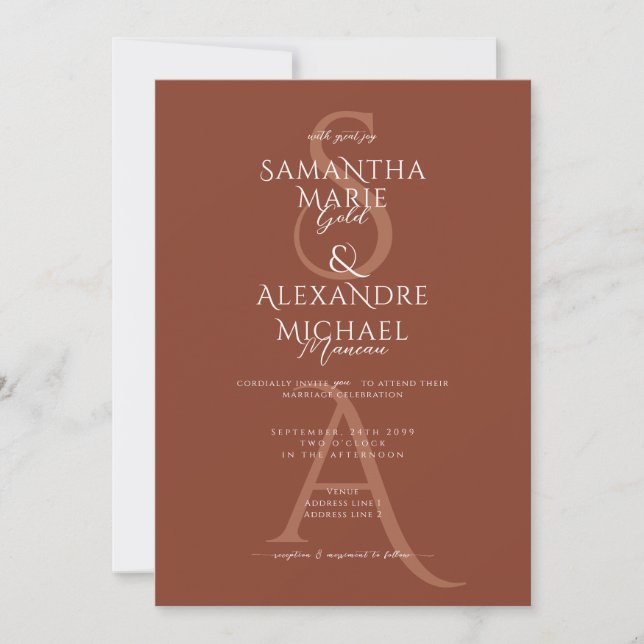 Invitación Terracotta Script Contemporáneo Monograma de Boda (Anverso)