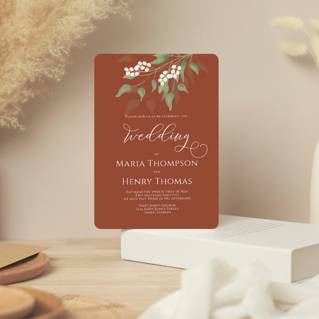 Invitación Terracotta Sencillo Boda Floral Elegante (Terracotta elegant wedding invitation with watercolor greenery and foliage. )