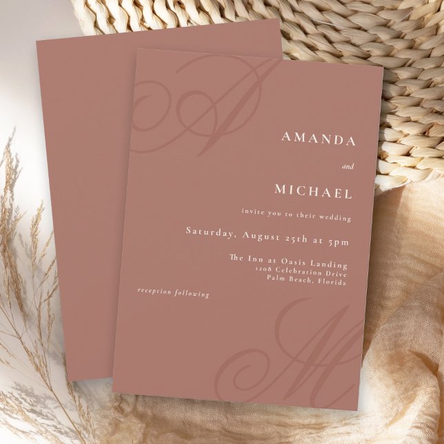 Invitación Terracotta simple elegante Boda monograma (Simple elegant fall wedding invitation with calligraphy monogram initials of the bride and groom.
)