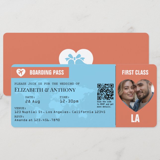 Invitación Terracotta & Sky Blue Boarding Pass Wedding (Anverso / Reverso)