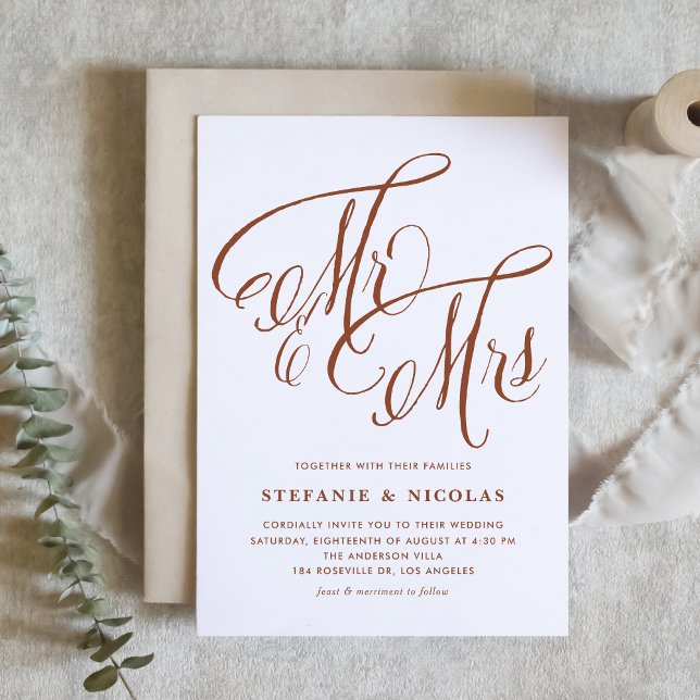 Invitación Terracotta Sr. y Sra. Rustic Calligraphy Boda (Terracotta Mr and Mrs Rustic Calligraphy Wedding Invitation)