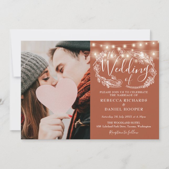Invitación Terracotta String Lights Floral Photo Boda (Anverso)