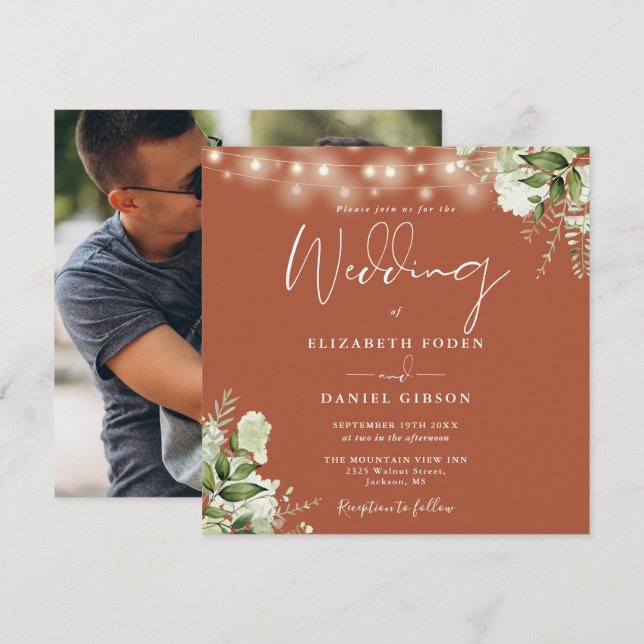 Invitación Terracotta String Lights Floral Photo Boda (Anverso / Reverso)
