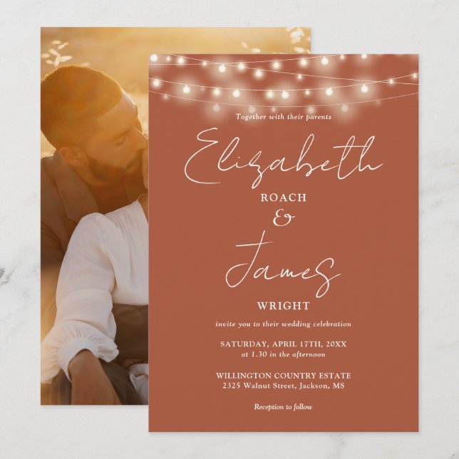 Invitación Terracotta String Lights Moda Script Boda de fotos (Anverso / Reverso)