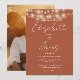 Invitación Terracotta String Lights Moda Script Boda de fotos