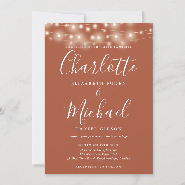 Invitación Terracotta String Lights Script Photo Boda (Anverso)