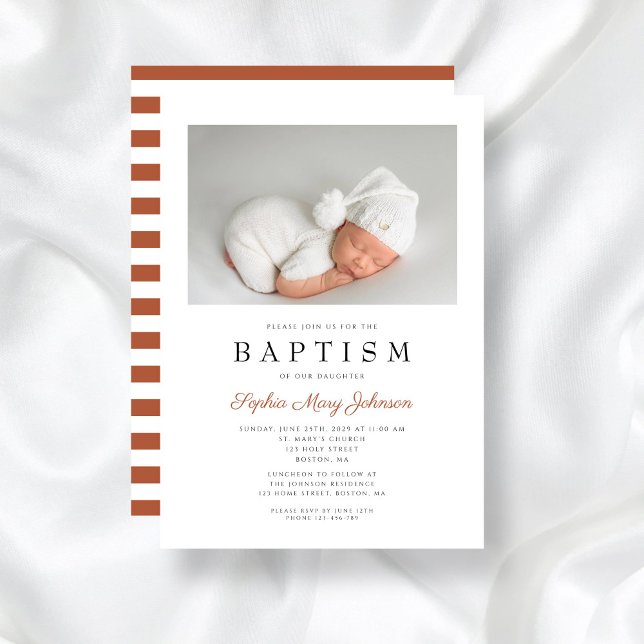 Invitación Terracotta Stripes Moderno Baptism Photo (Terracotta Stripes Modern Baptism Photo Invitation)