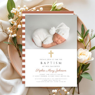 Invitación Terracotta Stripes Religiosa Cross Photo Baptism