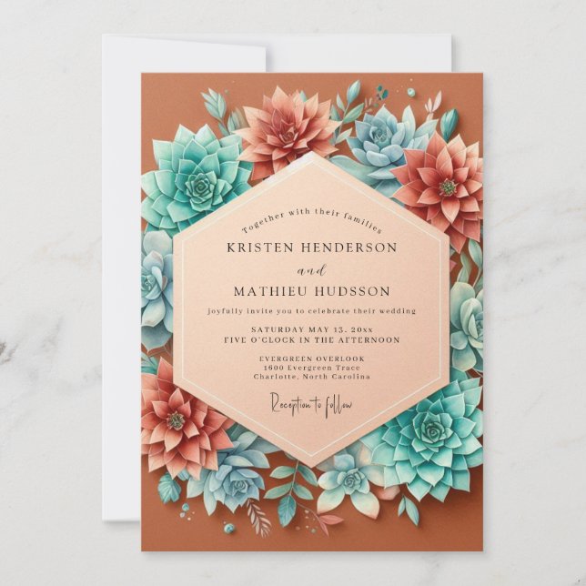 Invitación Terracotta Teal Succulent Wedding (Anverso)