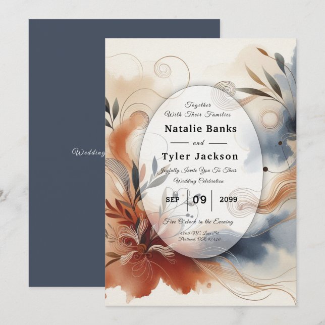 Invitación Terracotta Twilight and Navy Blooms Wedding (Anverso / Reverso)
