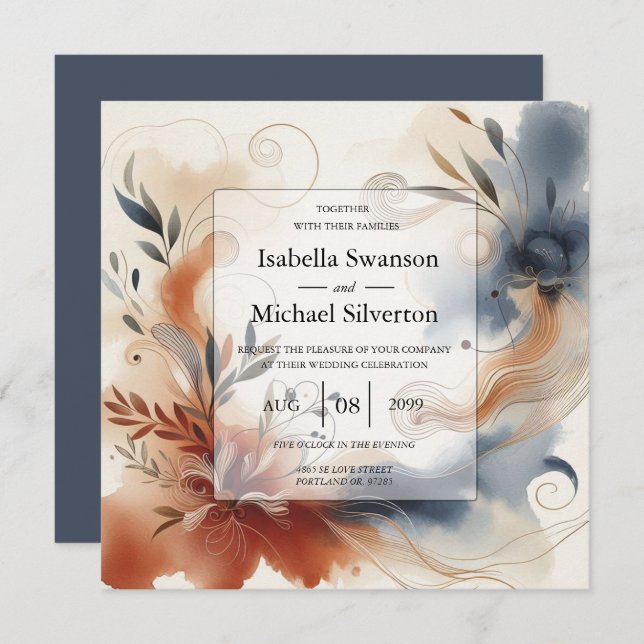 Invitación Terracotta Twilight and Navy Blooms Wedding (Anverso / Reverso)