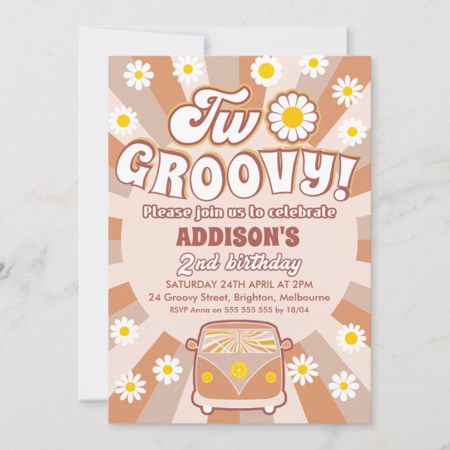 Invitación Terracotta Two Groovy Retro Segundo Cumpleaños (Anverso)