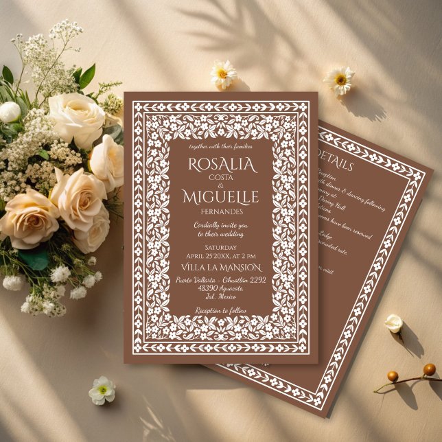 Invitación Terracotta vintage floral boda (Terracotta vintage retro floral border elegant wedding invitation cards with rsvp editable template)