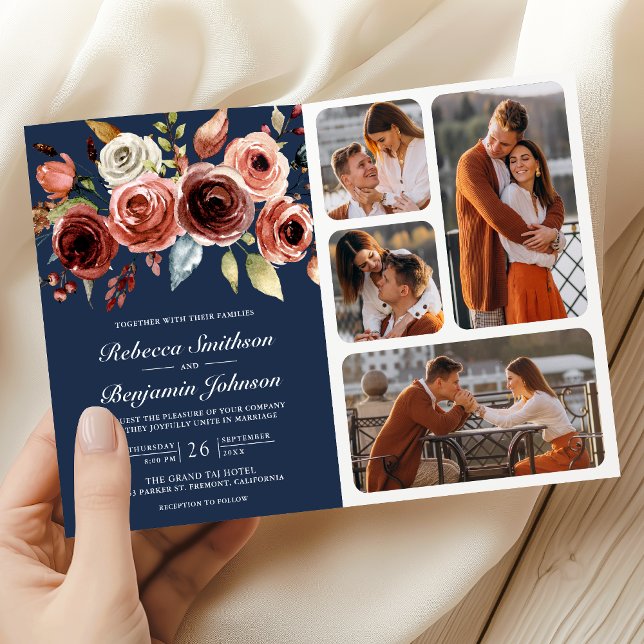 Invitación Terracotta Watercolor Floral QR Code Navy Wedding (Subido por el creador)