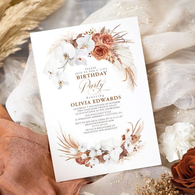 Invitación Terracotta White Flowers Boho Moda fiesta de cumpl (Terracotta Birthday Invitations)