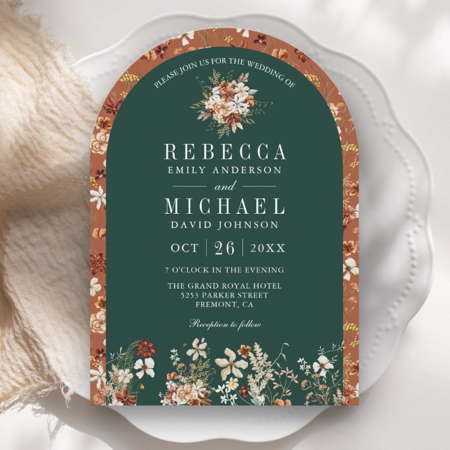 Invitación Terracotta Wildflower Emerald Green Arch Boda (Subido por el creador)