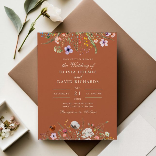 Invitación Terracotta Wildflower Meadow Personalizado Foto Bo (Terracotta Wildflower Meadow Custom Photo Wedding Invitation on wedding table with flowers)