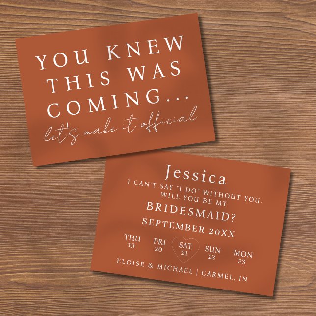 Invitación Terracotta Will You Be My Bridesmaid Proposal Card (Pop the question to your bridal party with this Will You Be My Bridesmaid Proposal Card! )