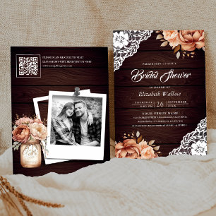 Invitación Terracotta Wood Floral Foto QR Código Ducha de nov