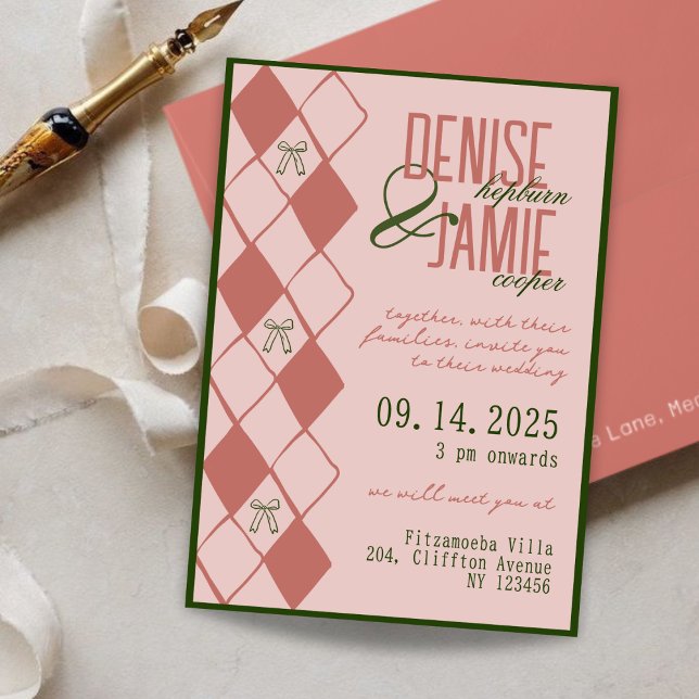 Invitación Terracotta y Green Argyle Bow Preppy Fall Wedding (Subido por el creador)