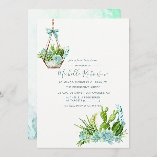 Invitación Terrario de cristal de agua suculenta Baby Shower (Anverso / Reverso)