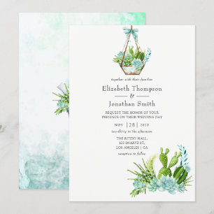 Invitación Terrario de vidrio con suculentas para boda acuare