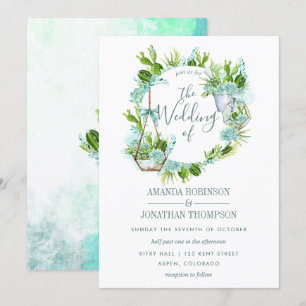 Invitación Terrario de vidrio con suculentas para boda acuare