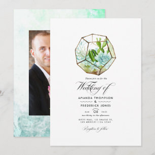 Invitación Terrario de vidrio con suculentas para boda con ac