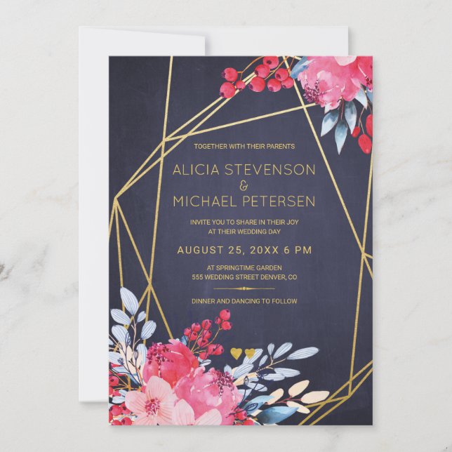 Invitación Terrario dorado acuarela floral boda de marina roj (Anverso)