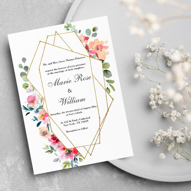 Invitación Terrario dorado Boda floral de menta rosa blanca (Pink lavender coral green floral theme wedding)