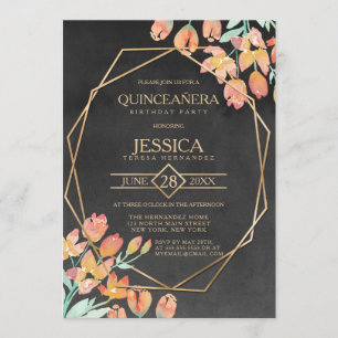 Invitación Terrario floral negro de oro naranja Quinceañera